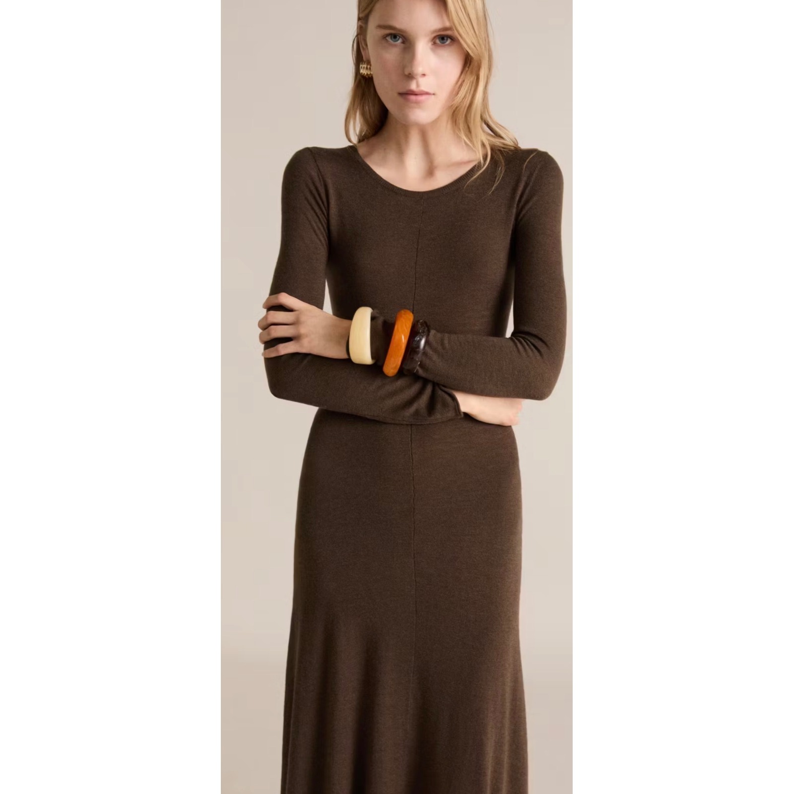 Mango Asymmetrical Low-Knit Dress Caramel Brown Long Sleeve Maxi Xl
